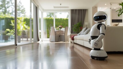 A friendly home assistant robot stands ready in a bright, contemporary living room