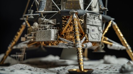 A detailed model of a lunar lander on a simulated moon surface, evoking space exploration