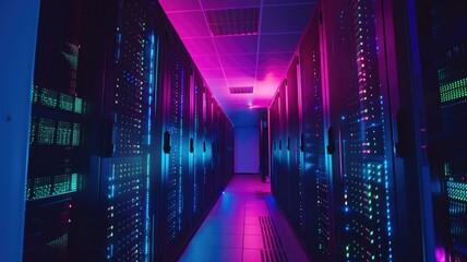 Data center with vibrant neon lights lining server racks