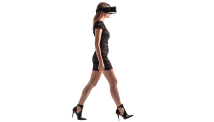 woman walking with virtual reality glasses, isolated on white	