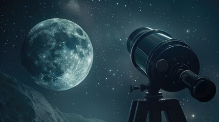 A telescope aimed at the mesmerizing full moon against a star-studded night sky