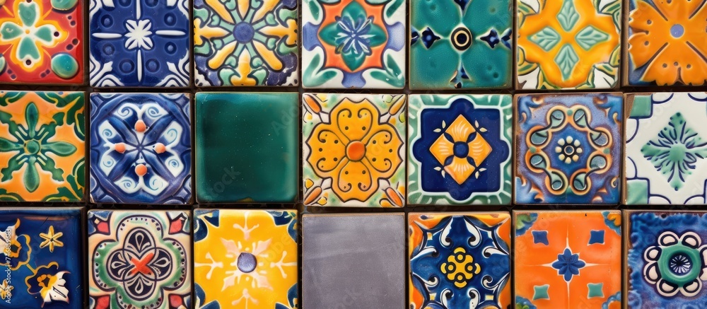 Poster a vibrant display of various colored ceramic tiles with mexican mosaic patterns grace the wall, addi