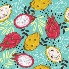 Dragon Fruits seamless pattern design. Fruits on the blue background with tropical leaves.
