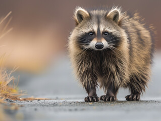 A raccoon dog walks on the highway.