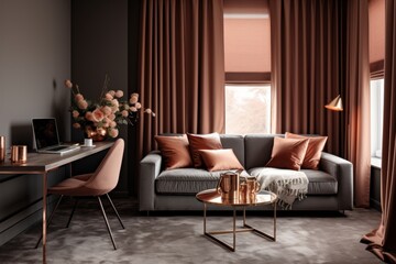 Modern home office interior with a cozy gray sofa, elegant coffee table, comfortable chair, sleek desk with computer, chic accessories, brown curtains, and soft gray carpet for a stylish workspace.