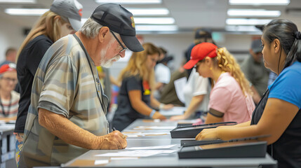 Election Day Volunteers: Diverse Group of Volunteers Assisting Voters at Polling Stations.