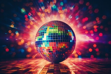 Shiny disco ball hanging from the ceiling in a dark room, reflecting bright and colorful lights, creating a mesmerizing and energetic atmosphere with a festive vibe.