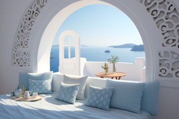 Luxurious hotel room with caldera sea view in Santorini, Greece. Minimalist white architecture,...
