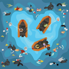 Naklejka premium People in boats cleaning the ocean, where the clean area is in the shape of a heart. Safe ecology environment illustration.