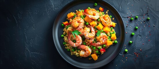 A plate featuring small cooked pink shrimps arranged on a bed of millet pilaw, accompanied by green peas, red peppers, and mango chunks. The dish is presented on a black plate placed on a dark table