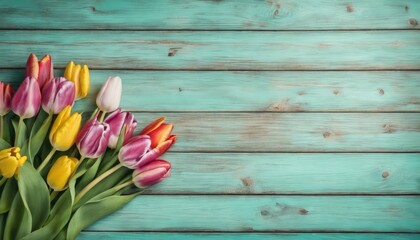 Colorful tulip bouquet on rustic wooden background