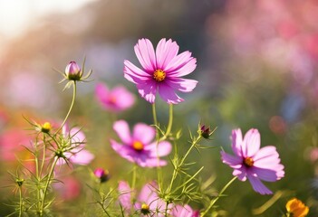 Dreamy cosmos flower meadow at sunset