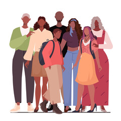 Fototapeta premium Happy African American family stand together with children, mother, father, grandfather and grandmother. Parents, grandparents and grandchildren. Flat vector illustration isolated on white background.