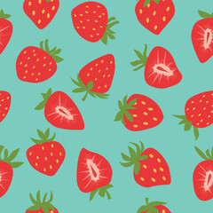Strawberry seamless pattern. Summer tropical endless background. Vector fruit design for label, fabric, packaging, wallpaper.