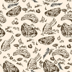 Steaks seamless pattern in a line sketch style with different spices around. Beige background. 