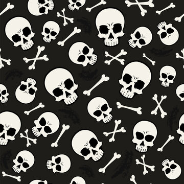 Seamless pattern with skulls and crossbones on a black background. Scary Halloween background for fabric, wrapping paper, wallpaper etc.