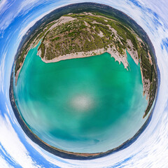 Fototapeta premium 360 panorama view of Yesa reservoir with ruins of abandoned village of Tiermas in Spain, Summer 2023