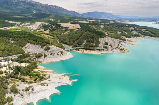 Aerial view of Yesa reservoir by Tiermas in Spain, Summer 2023