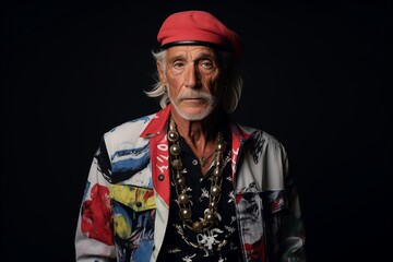 Portrait of an old hippie man in a red cap on a black background.