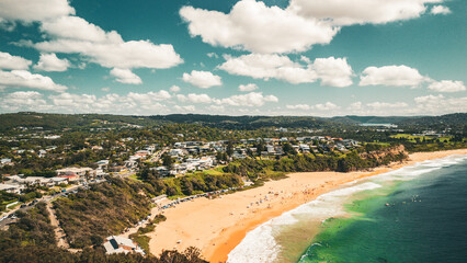 Stunning ocean view of the waves and beach in the Northern Beaches of NSW, Sydney, Australia. The...