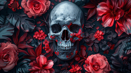 An eerie illustration of a skull surrounded by flower.