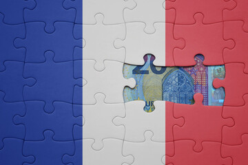 puzzle with the national flag of france and euro banknote. finance concept