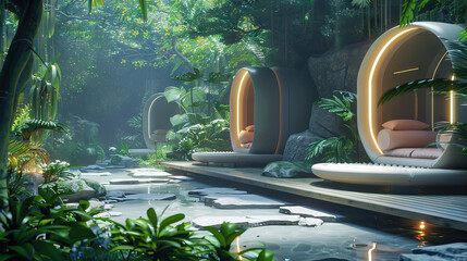 Digital Wellness Retreat Set with Meditation Pods, Relaxation Areas, and Mindfulness Workshops. Concept of Wellness Tech and Mental Health.
