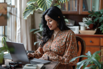 Professional Pregnant Indian Woman Working on Laptop Working from Home Remote