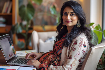 Professional Pregnant Indian Woman Working on Laptop Working from Home Remote