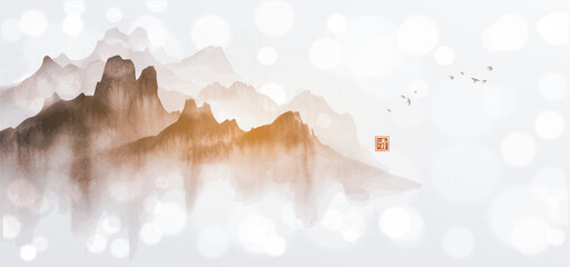 Ink wash painting of misty mountain ranges on white shimmering background. Traditional oriental ink painting sumi-e, u-sin, go-hua. Hieroglyph - clarity