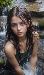 A girl in wet clothes and with wet hair at a