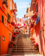 Charming village scene: pastel orange houses, narrow lanes, stairs, sunny summer festivity.