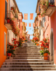 Sunlit village street with orange houses, stairs, pastel walls, plants, and festive decorations.
