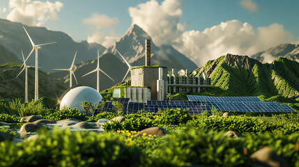 Green Energy Research Facility Set with Solar Panels, Wind Turbines, and Sustainable Technology. Concept of Renewable Energy and Environmental Conservation - obrazy, fototapety, plakaty