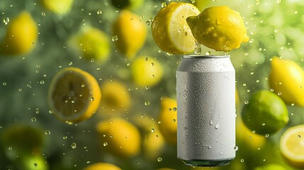 White plain soft-drink can floating, facing camera, whole lemons and limes in the air scattered all hovering in an abstract vibrant space, vibrant background, tropical vibes, freeze motion