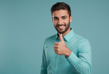 A man with a neat beard in a teal shirt gives a thumbs up, his expression one of confidence and friendliness. - obrazy, fototapety, plakaty