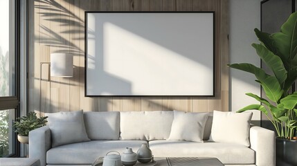 View of modern scandinavian style interior with artwork mock up on wall.