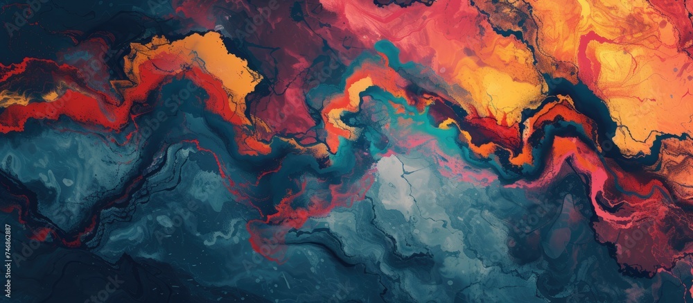 Poster an abstract painting featuring vibrant red, yellow, and blue colors blended in a dynamic composition