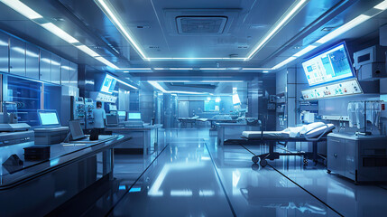 Modern Hospital Set with State-of-the-Art Equipment, Operating Rooms, and Patient Rooms. Concept of Healthcare and Medical Advances. - obrazy, fototapety, plakaty