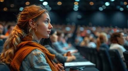 young woman sitting intently Preoccupied with meetings, seminars, or council meetings. Demonstrate active participation and commitment to action.