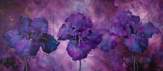 This painting features vibrant purple flowers blooming on a rich purple background. The delicate petals stand out against the bold backdrop, creating a striking visual contrast. - obrazy, fototapety, plakaty