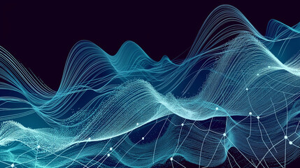Networked Abstract Landscape: Futuristic Blue Wireframe Hills with Dotted Nodes