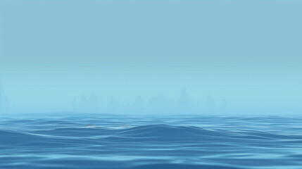 Naklejka premium Misty Ocean Horizon: Serene Blue Water Surface with Distant Mountains and Fog