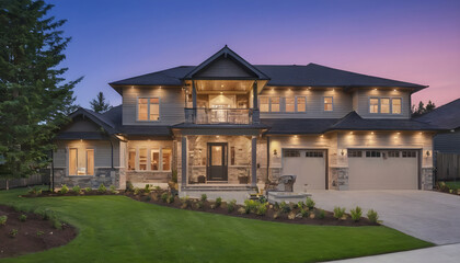 Beautiful exterior of newly built luxury home with yard with green grass and twilight sky - obrazy, fototapety, plakaty