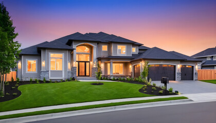 Fototapeta na wymiar Beautiful exterior of newly built luxury home with yard with green grass and twilight sky