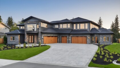 Beautiful exterior of newly built luxury home with yard with green grass and blue sky - obrazy, fototapety, plakaty