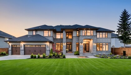 Beautiful exterior of newly built luxury home with yard with green grass and blue sky - obrazy, fototapety, plakaty