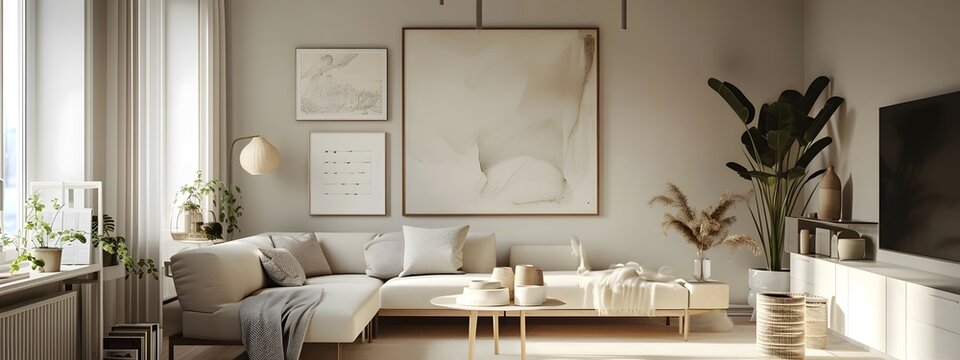 Fototapeta View of modern scandinavian style interior with artwork mock up on wall. 