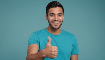 A cheerful man in a turquoise shirt gives a thumbs up with a confident and relaxed expression. - obrazy, fototapety, plakaty