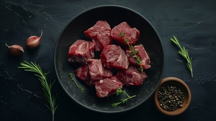 Lamb stew meat cut, ultra define and real, with focus on texture, product visual view, top view, dark and moody, minimalist background